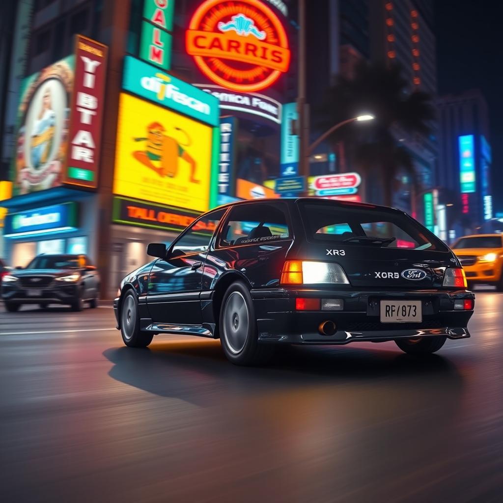 A photorealistic image of a 1995 Ford XR3 sporty 3-door hatchback driving through the lively streets of São Paulo, Brazil at night