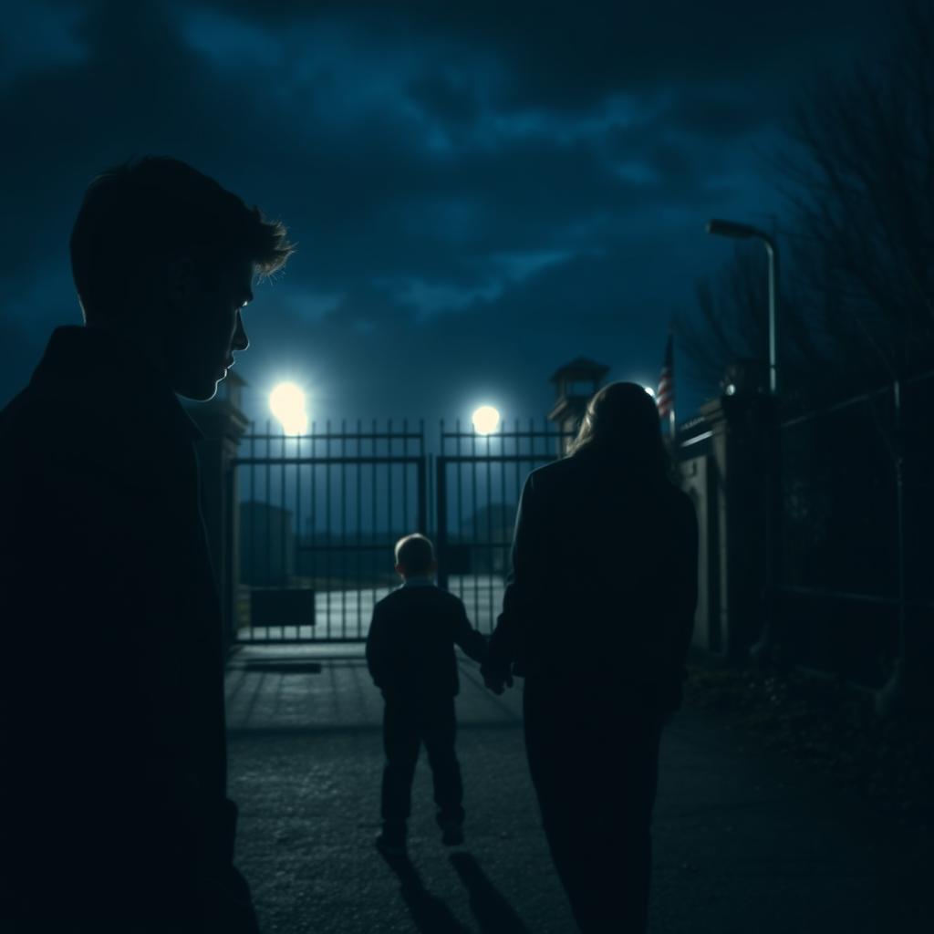 A mysterious young man watching from a distance as a boy and his mother approach the entrance of a prison at night