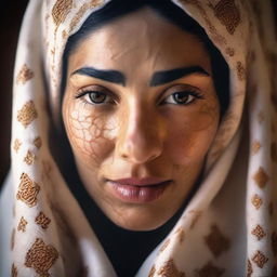 A detailed and closer view of a woman subtly covered in a traditional Moroccan veil within a Hammam, masking her facial features, highlighting the rich cultural heritage