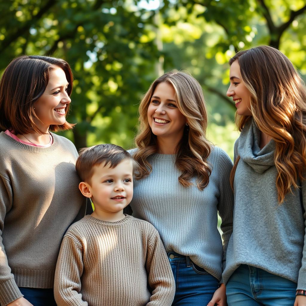 A young boy standing next to his mother, engaged in conversation with another woman and her 18-year-old daughter