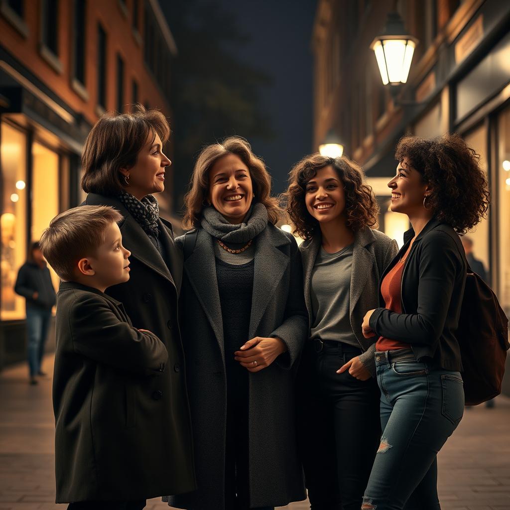 A young boy standing next to his mother, engaged in conversation with another woman and her 18-year-old daughter at night