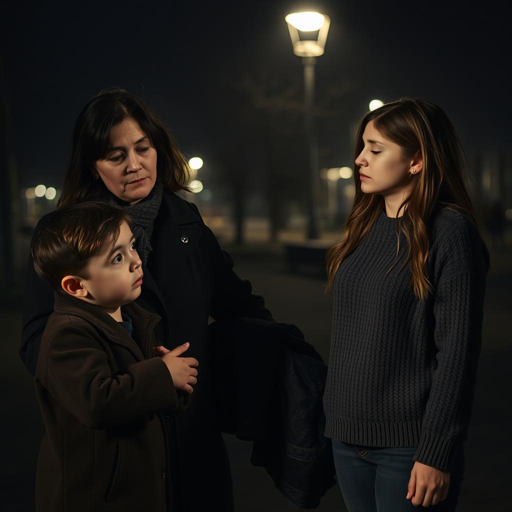 A young boy standing next to his mother, sharing a somber conversation with another woman and her 18-year-old daughter at night