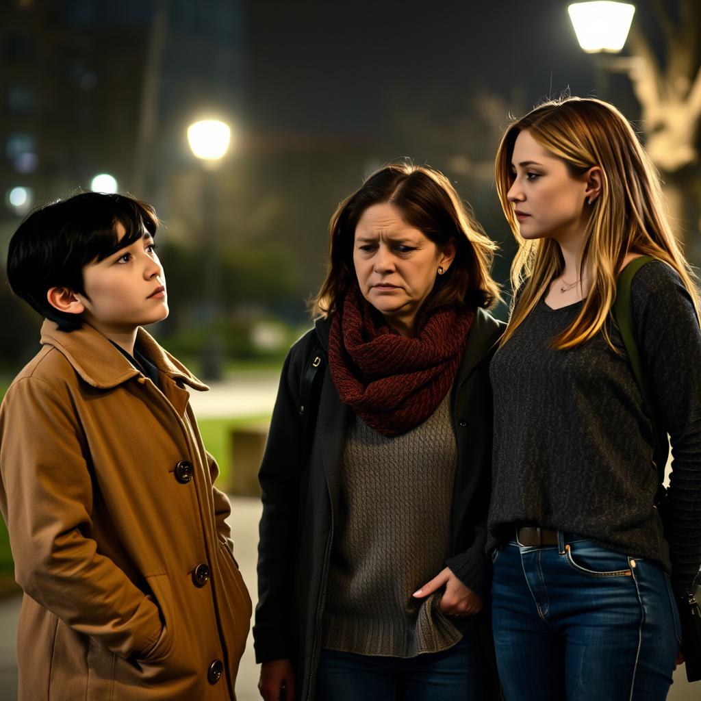 A 15-year-old boy standing next to his mother, engaging in a heartfelt conversation with another woman and her 18-year-old daughter at night