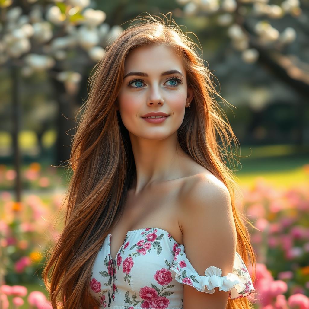 A stunning young woman with long flowing hair, gazing thoughtfully into the distance