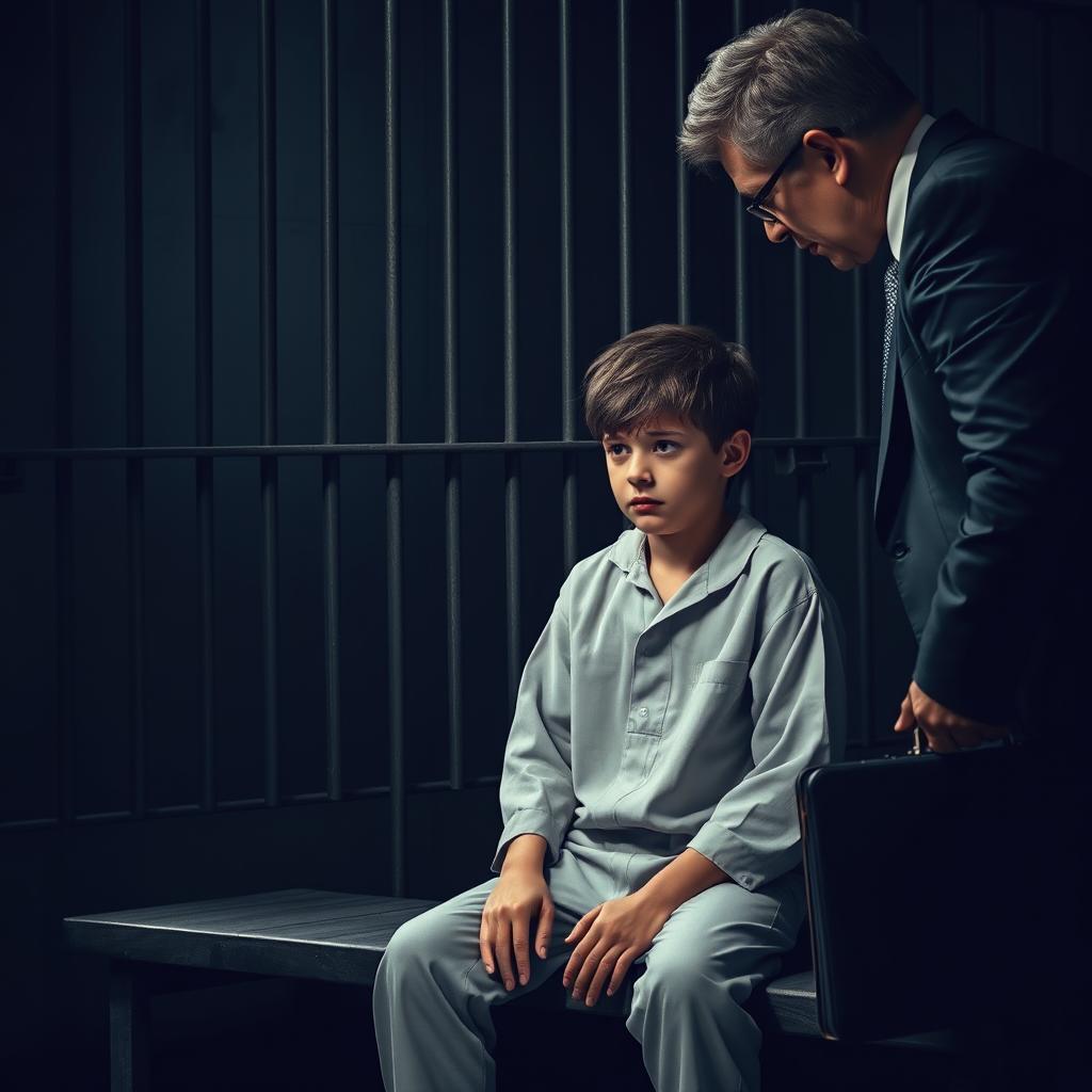 A young boy, looking distressed but determined, sitting on a bench in a dark prison cell, conversing with his lawyer