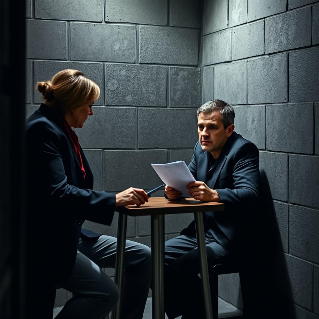 An adult man in prison attire, displaying a mix of worry and determination, is seated at a small table in a dark, gloomy prison cell while speaking with his lawyer