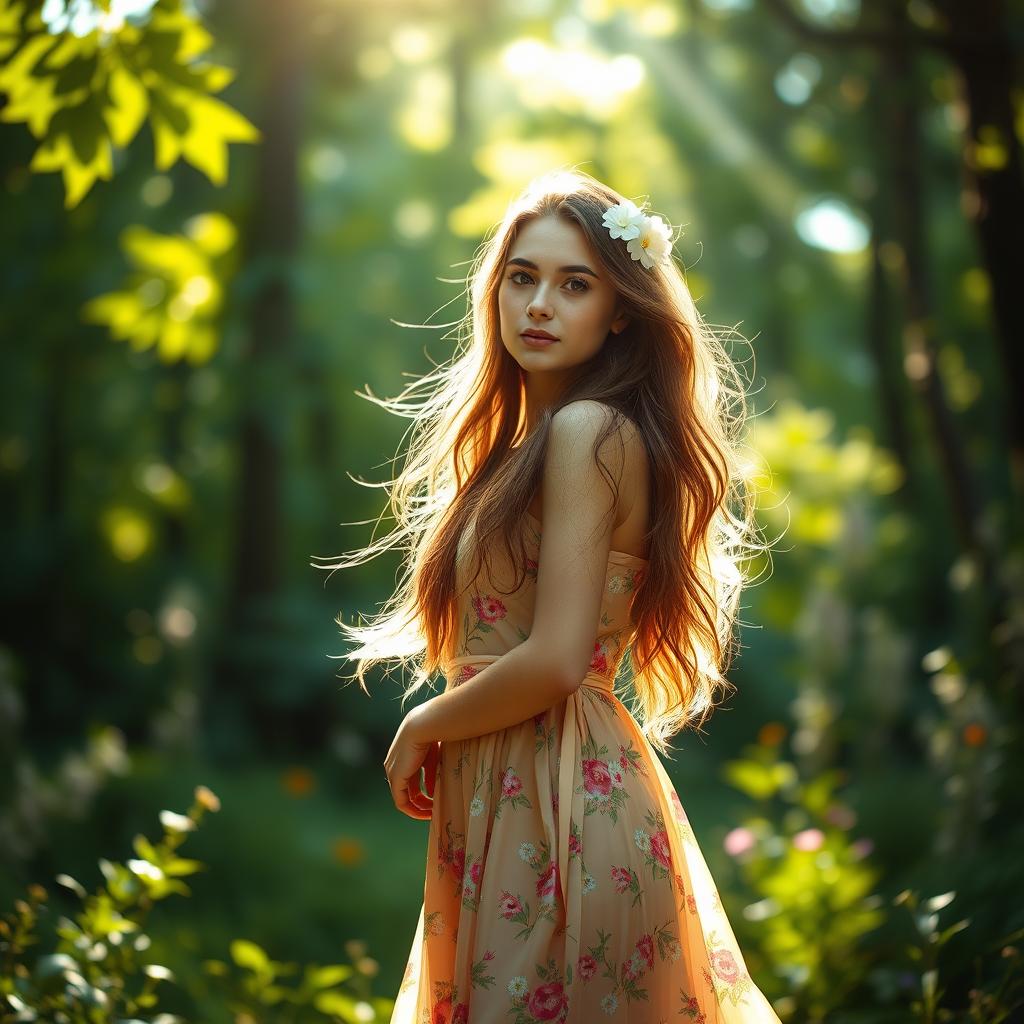 A beautiful young woman standing in an enchanting forest, bathed in soft sunlight filtering through the leaves above