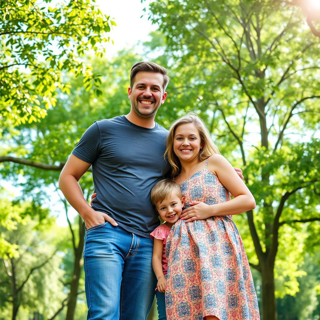 A happy family portrait featuring a father, his wife, and two young children standing together in a beautiful park setting