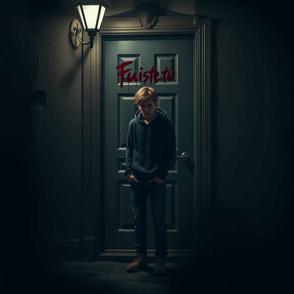On a dark, eerie street, a mysterious young man stands at the door of an old house, illuminated by a faint streetlight