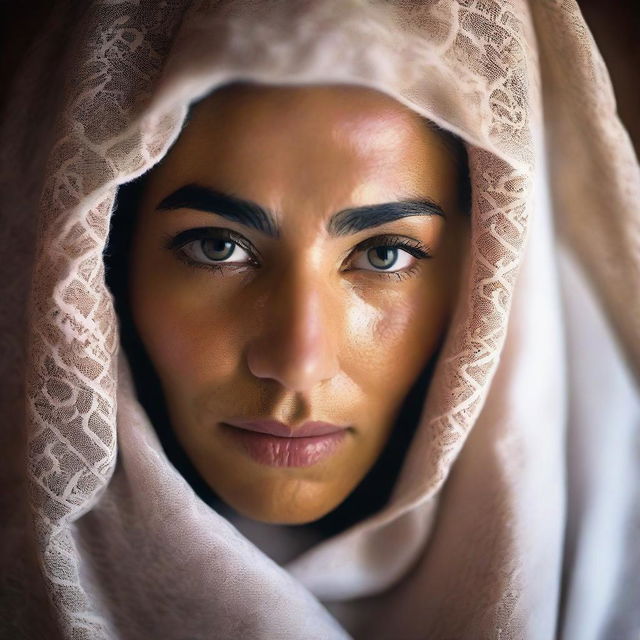 A detailed and closer view of a woman subtly covered in a traditional Moroccan veil within a Hammam, masking her facial features, highlighting the rich cultural heritage