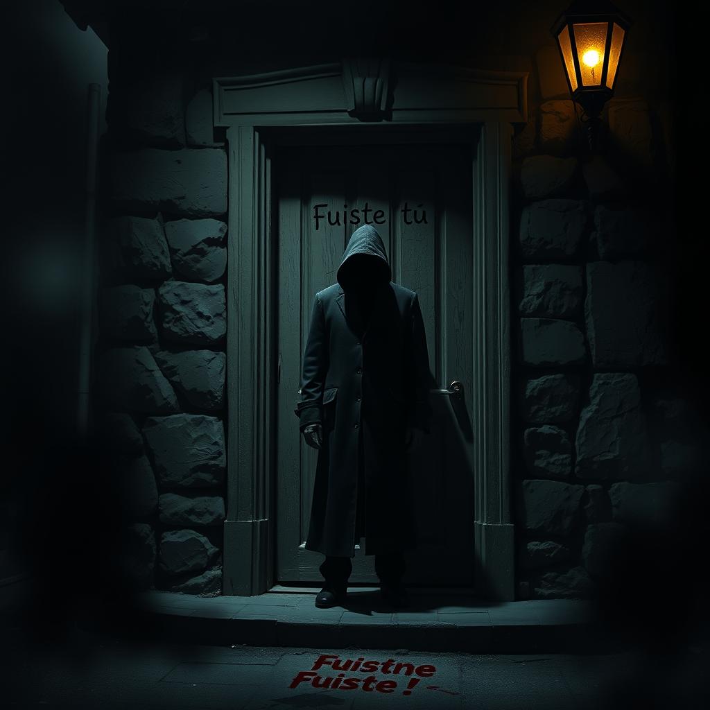 On a dark, foreboding street, a mysterious adult figure stands at the door of an old, weathered house, shrouded in shadows