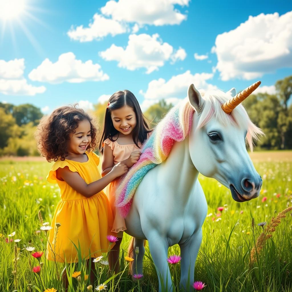 Two young girls joyfully taking care of a beautiful unicorn in a serene meadow
