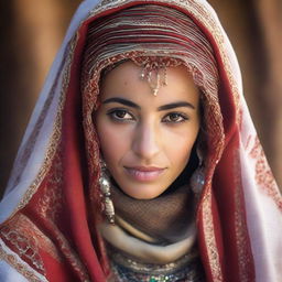 A Moroccan woman gracefully adorning a veil, manifesting the beauty and mystery of traditional Moroccan culture