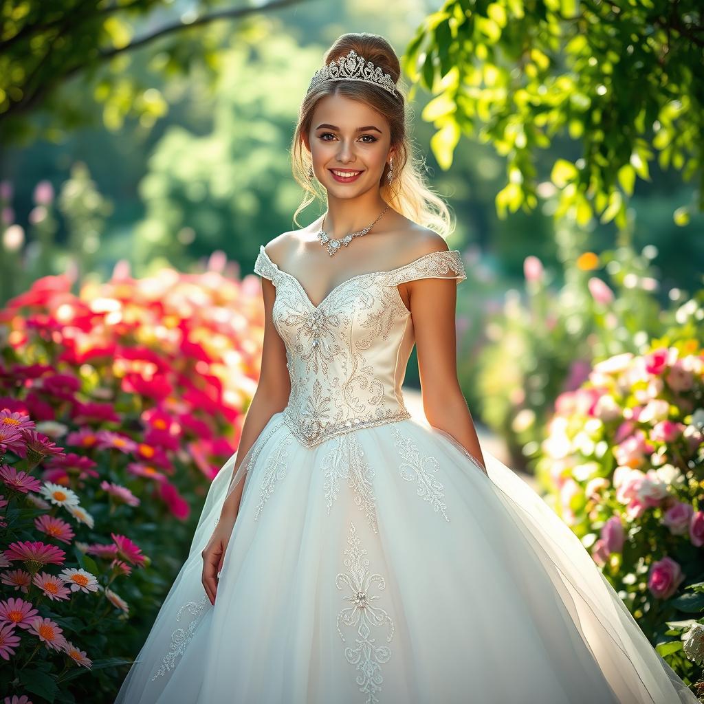 A beautiful young woman wearing a stunning princess dress, embellished with sparkling jewels and intricate lace details