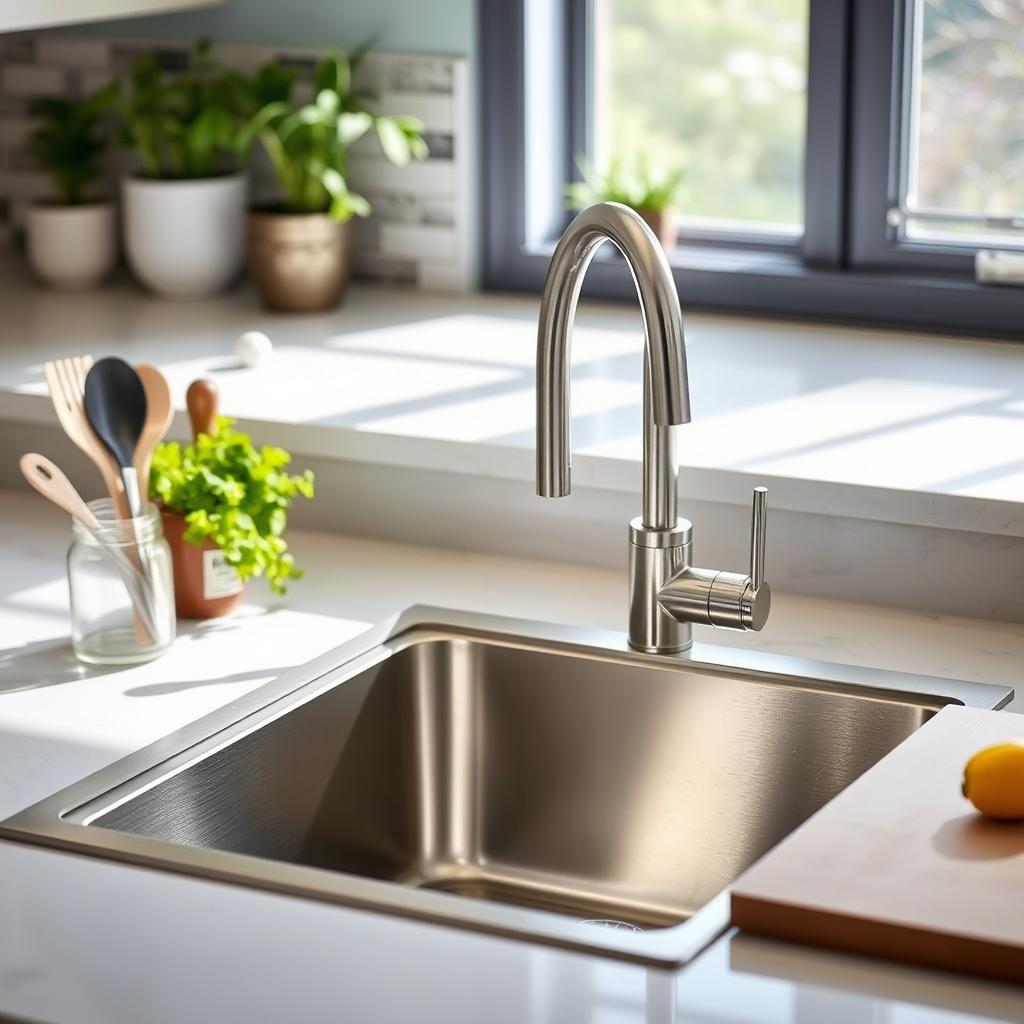 A modern kitchen sink with a sleek stainless steel finish, surrounded by a stylish countertop with utensils and a cutting board beside fresh vegetables