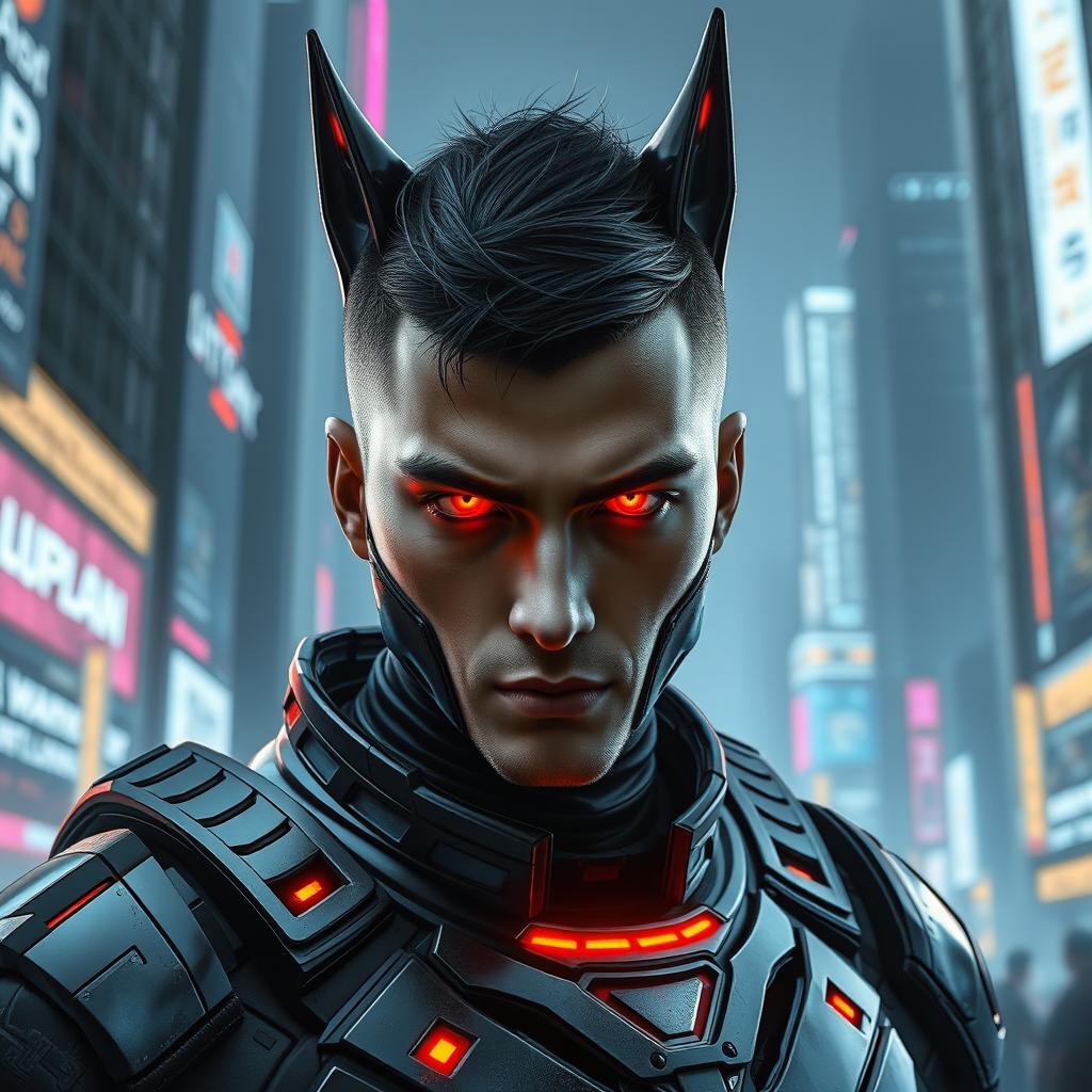 A futuristic cyberpunk scene featuring a male cyborg in sleek black Juggernaut power armor