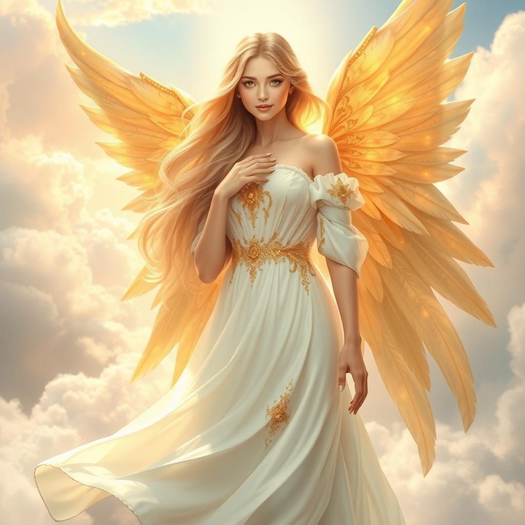 A beautifully ethereal angel wearing a flowing white dress, adorned with intricate golden details