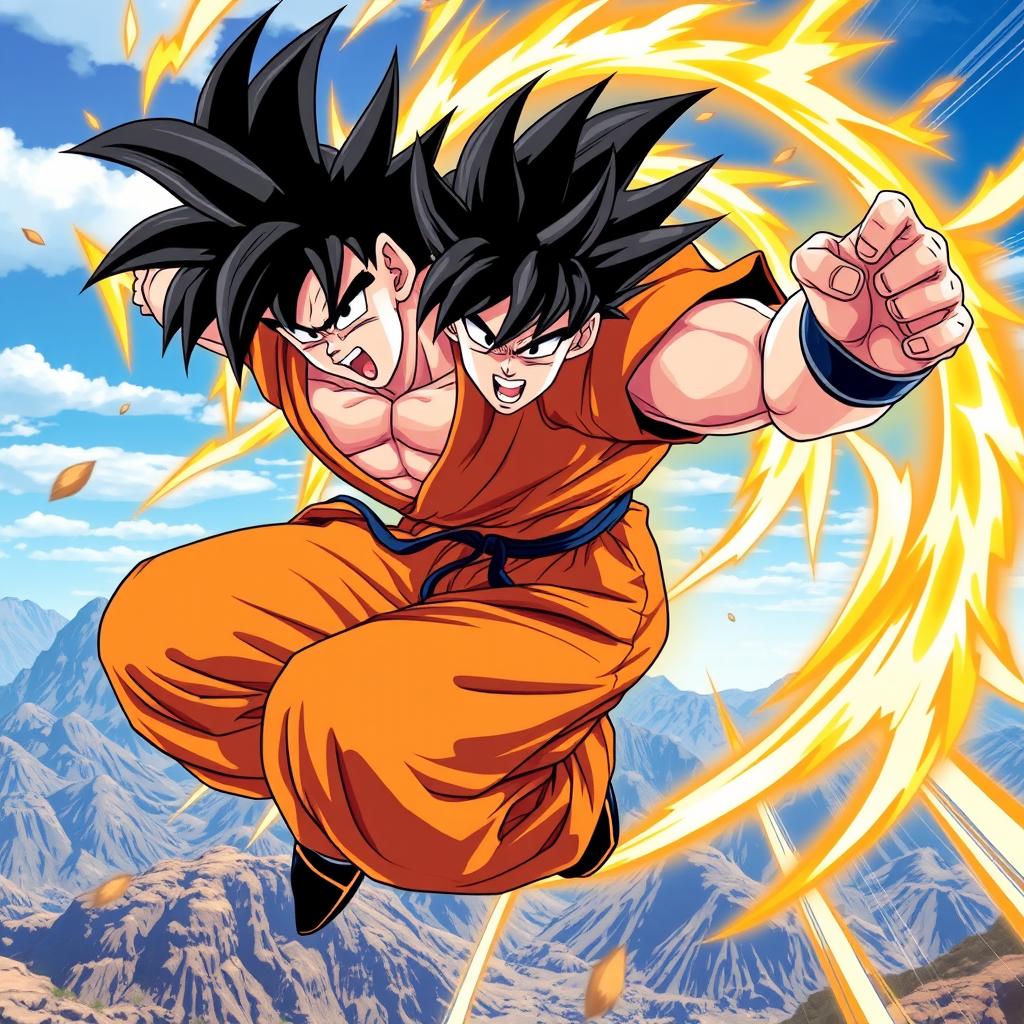 A dynamic action scene featuring a powerful, muscular warrior resembling Goku from Dragon Ball