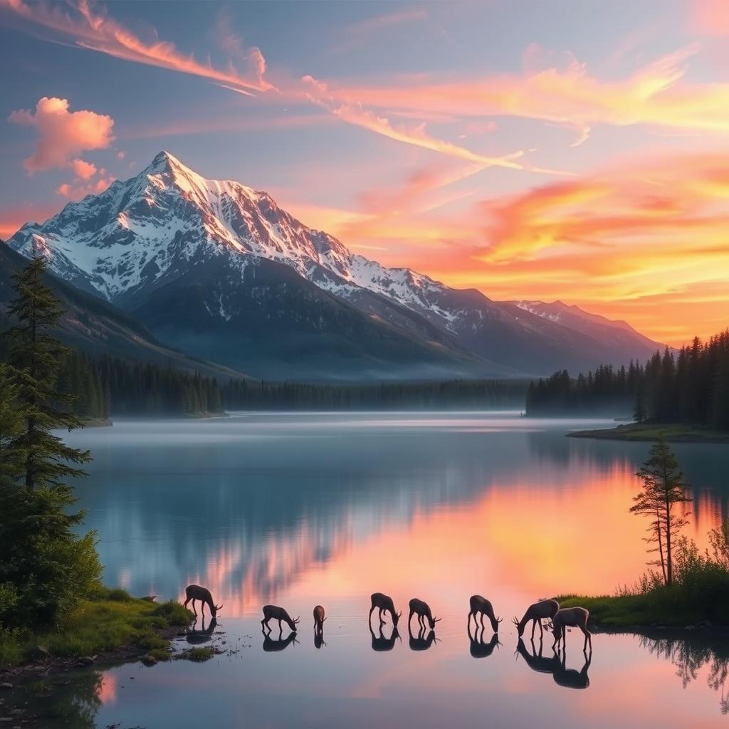 A serene landscape featuring a majestic mountain range during sunset, with vibrant hues of orange, pink, and purple reflecting off the snow-capped peaks