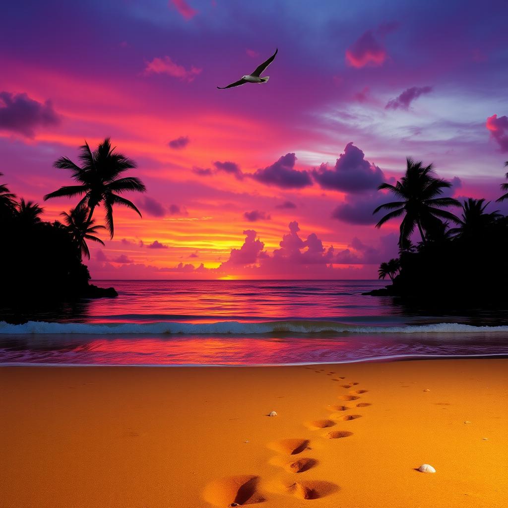 A stunning sunset over a tranquil beach, with vivid purple and orange hues painted across the sky reflecting in the water