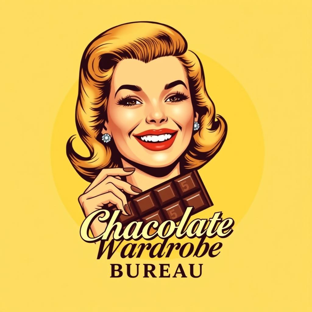 A vintage-inspired t-shirt design featuring a 1960s woman with vibrant blonde hair, smiling joyfully while holding a chocolate bar with several pieces, prominently displaying the number five