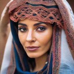 A Moroccan woman gracefully adorning a veil, manifesting the beauty and mystery of traditional Moroccan culture