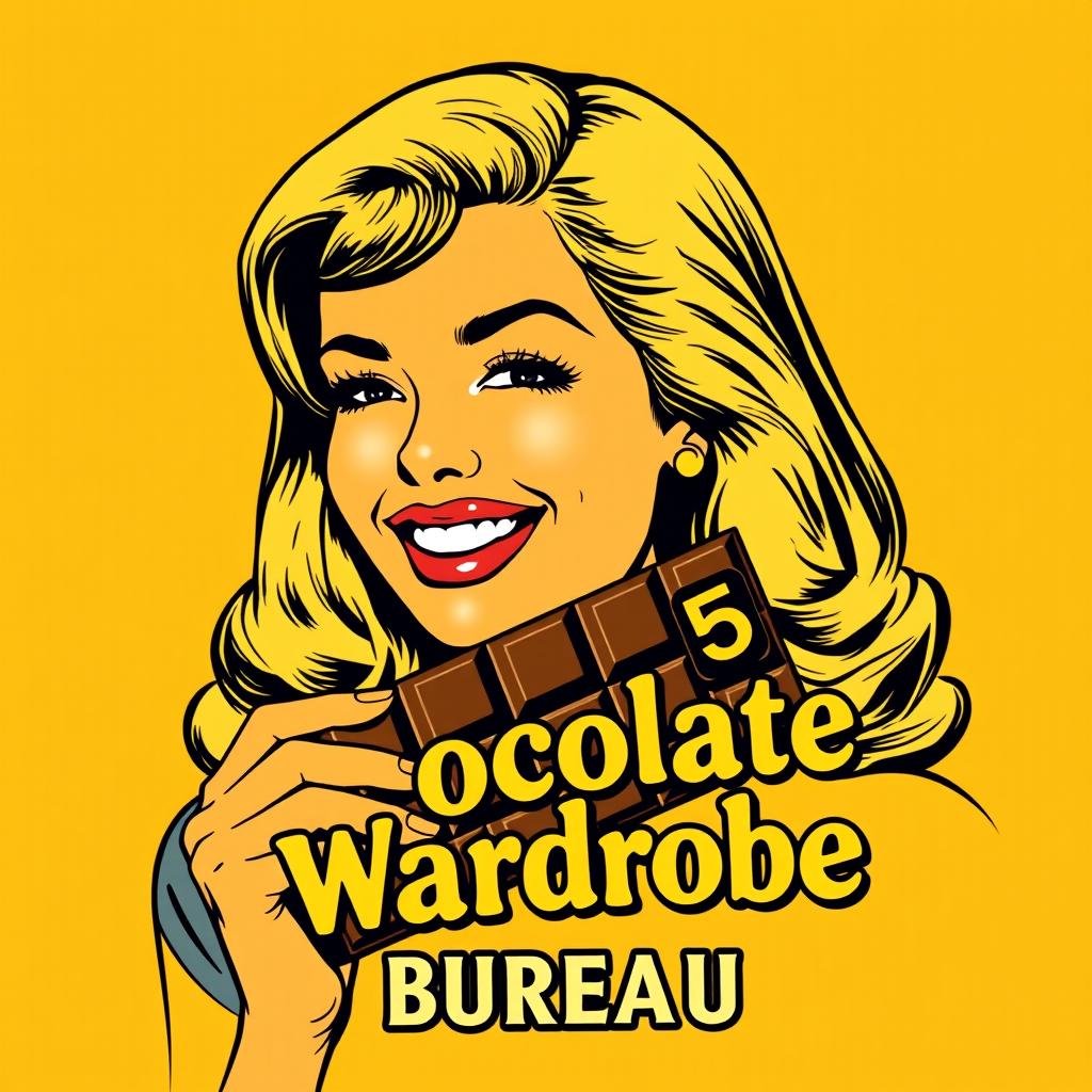 A vibrant t-shirt design featuring a 1960s woman with long blonde hair, smiling radiantly while holding a chocolate bar that has several distinct pieces, with the number five clearly visible among them