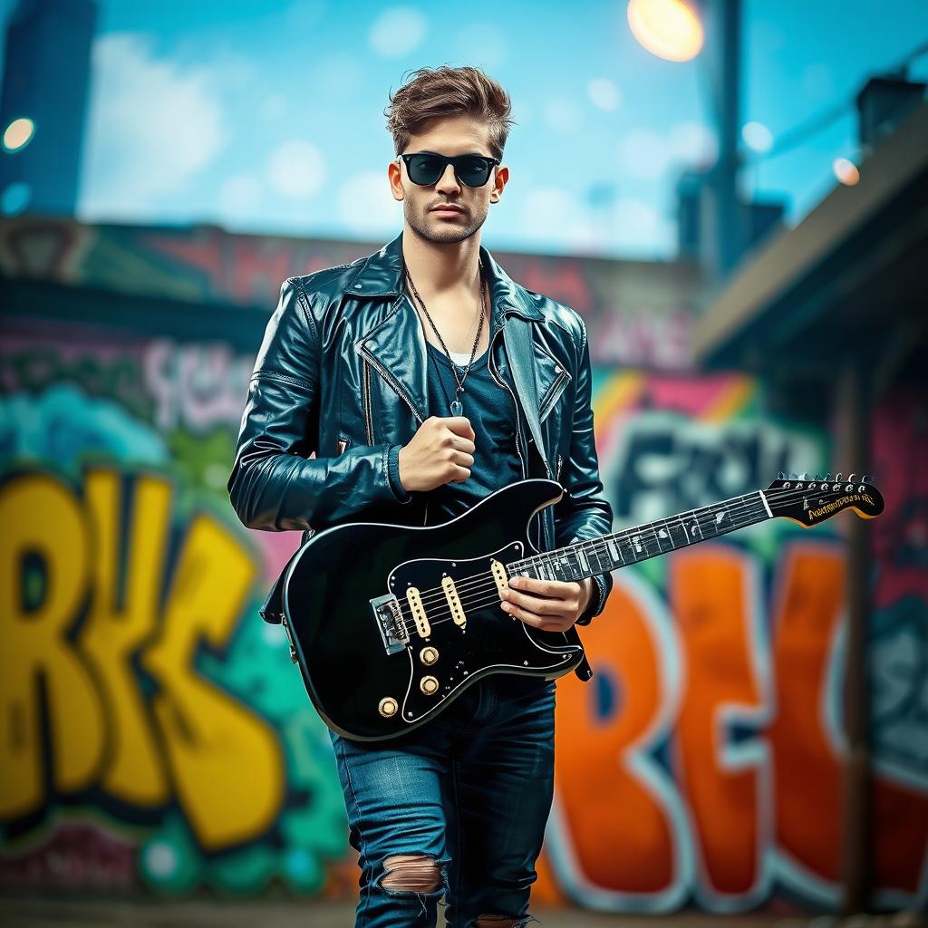 A confident musician stands in a stylish pose, holding an electric guitar