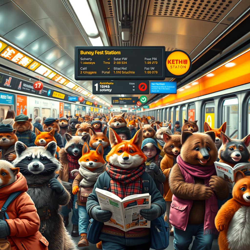A vibrant and lively wide shot of a busy subway station filled with anthropomorphic animals