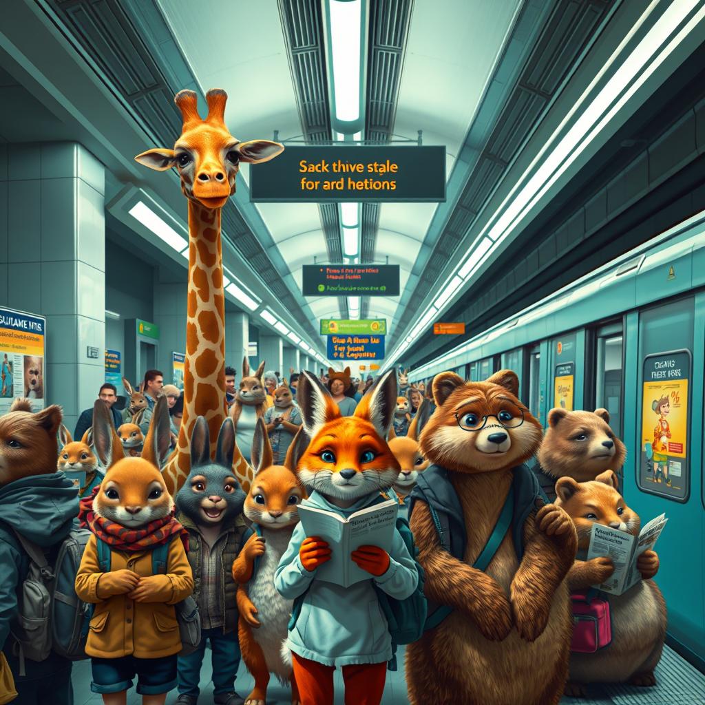 A wide shot of a bustling subway station filled with various animal people