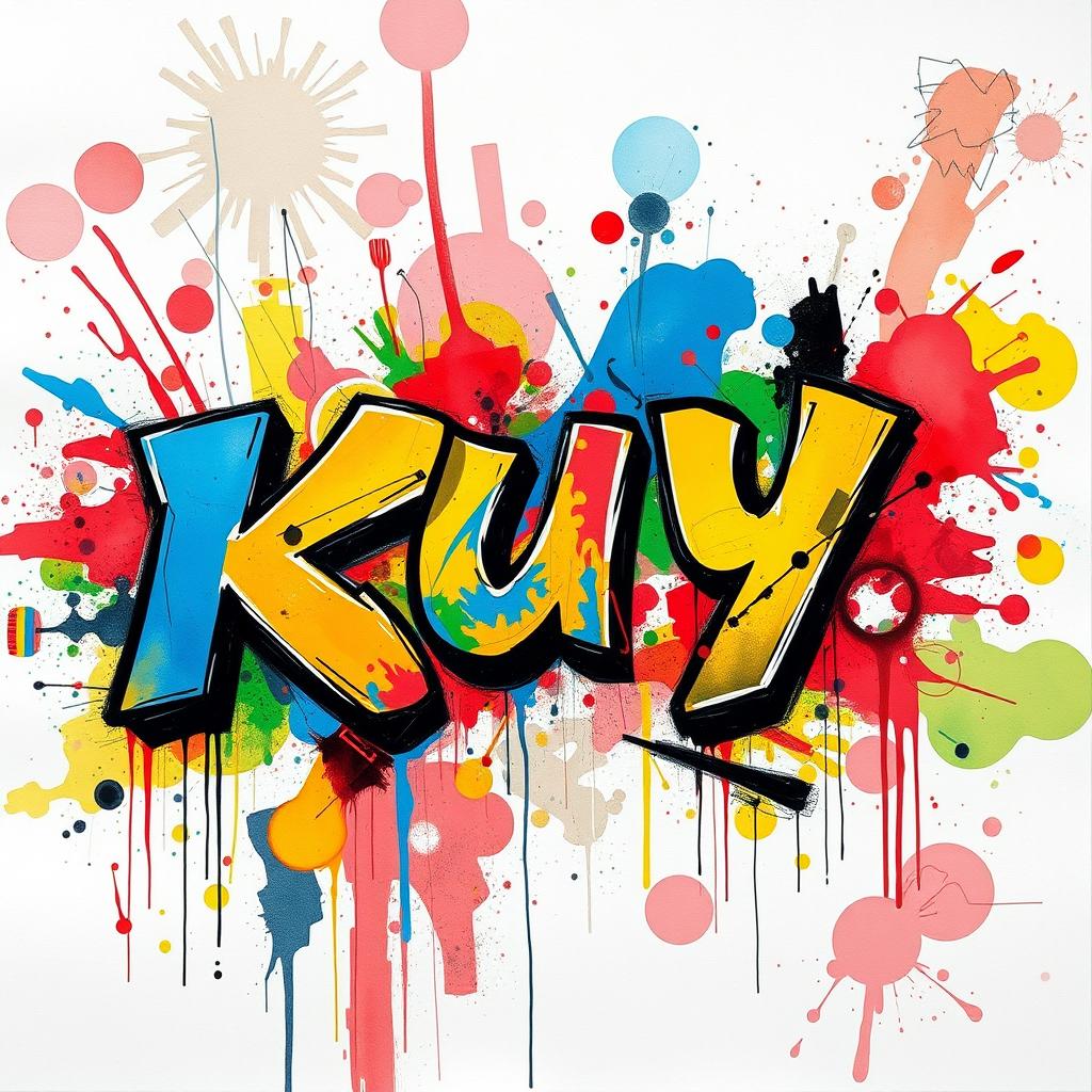 A vibrant and colorful abstract representation of the word 'Хуй', using various artistic styles such as graffiti, watercolor splashes, and digital art elements