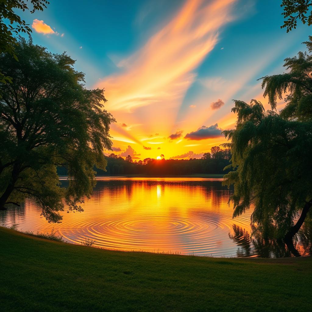 Transform the essence of a vibrant sunset with an explosion of colors over a serene lake, reflecting the golden hues of the sky