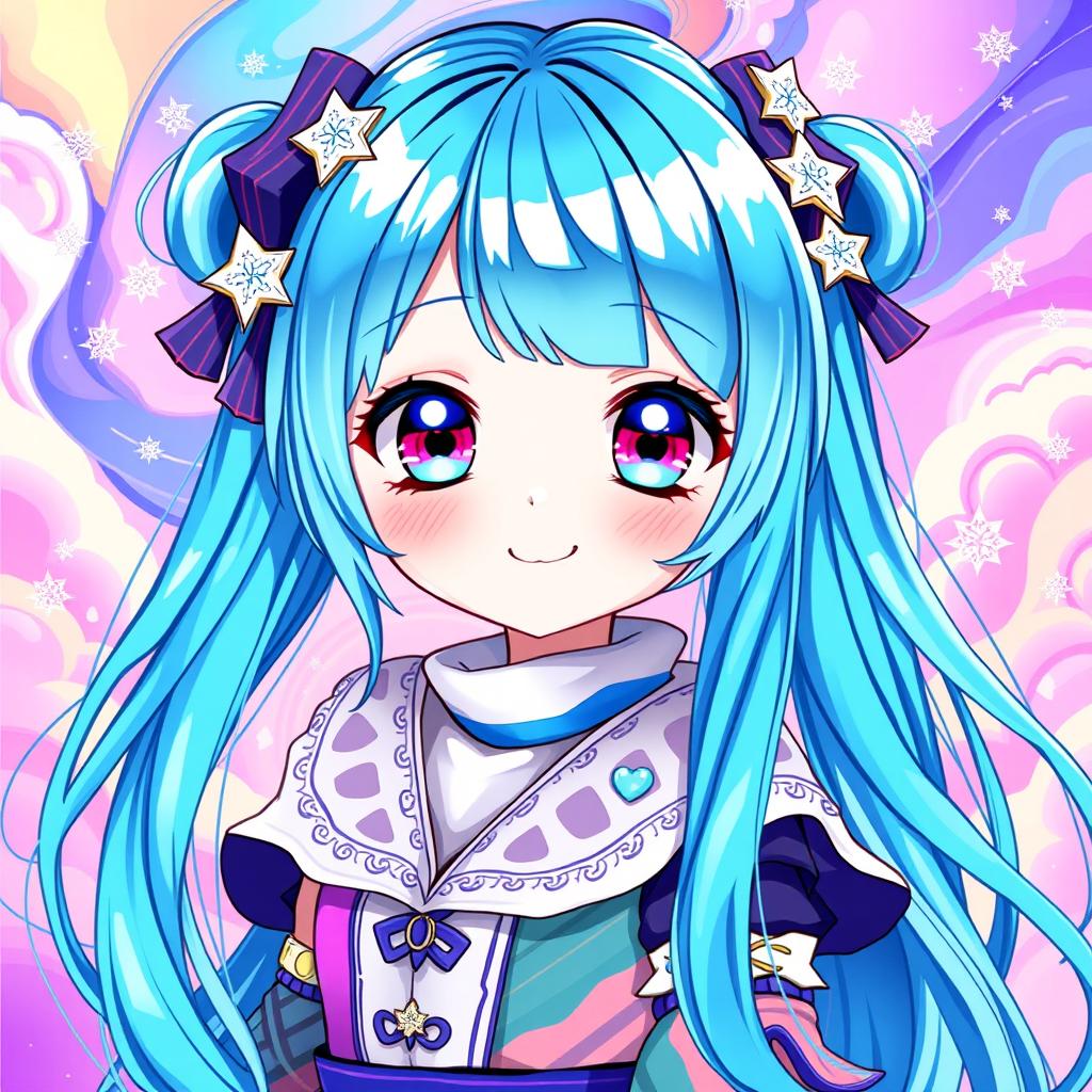 A vibrant digital art piece featuring a blue-haired anime girl with large expressive eyes and an enchanting smile