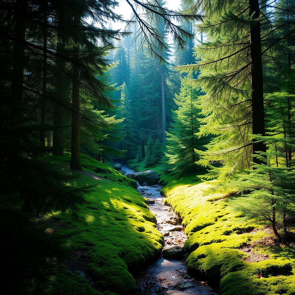 A beautifully composed scene featuring a lush green evergreen forest, densely packed with a variety of evergreen trees such as pines and firs