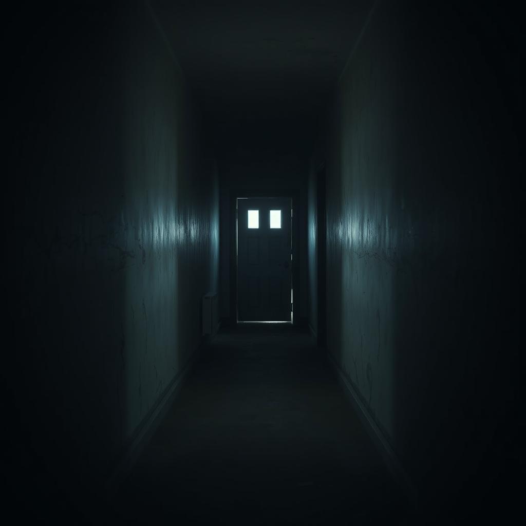 A dimly lit apartment hallway at night, featuring worn walls that have an aged look, with a single door at the end glowing softly