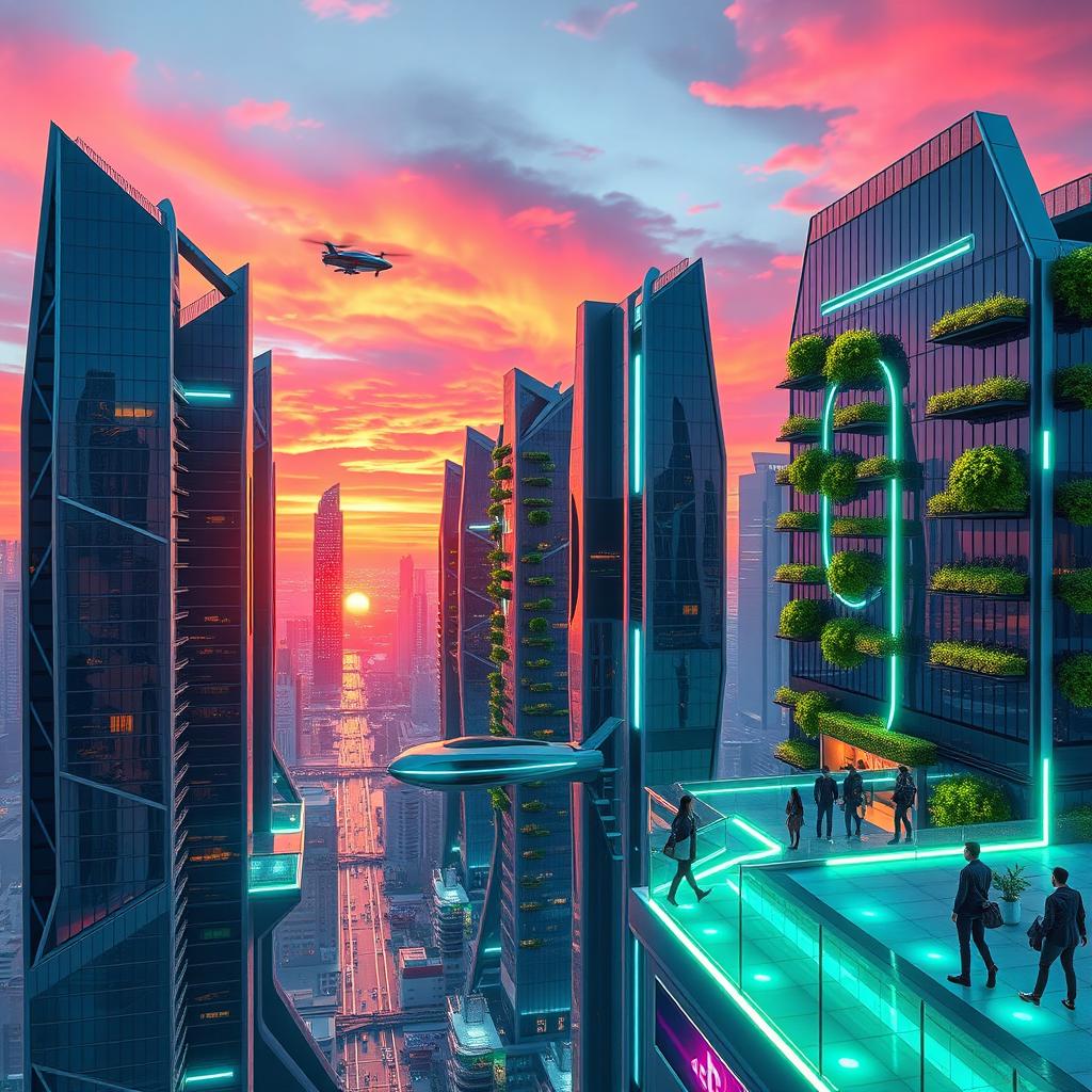A futuristic city skyline during sunset, featuring sleek, glistening skyscrapers with lush vertical gardens