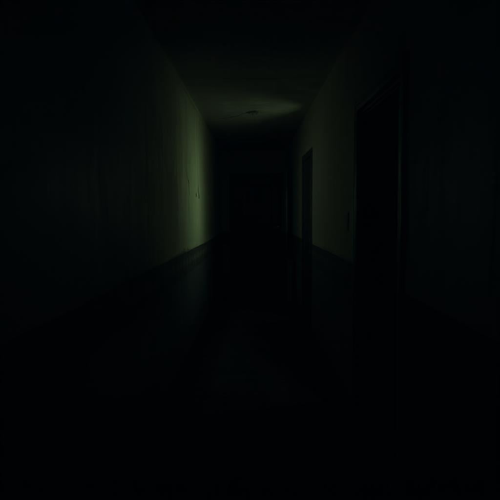 A dimly lit apartment hallway at night, showcasing worn walls that convey a sense of age and neglect