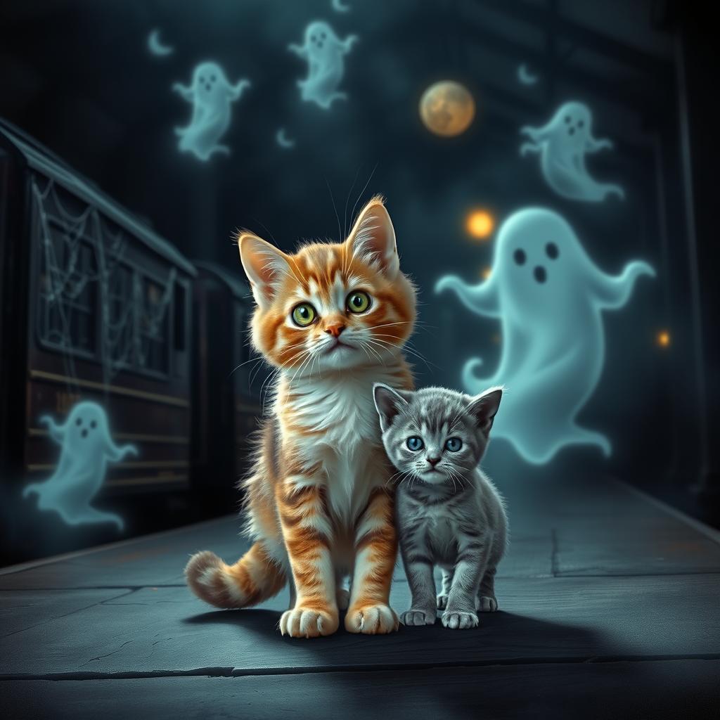 A cute cat and an adorable kitten standing together on a dimly lit platform of a haunted train station