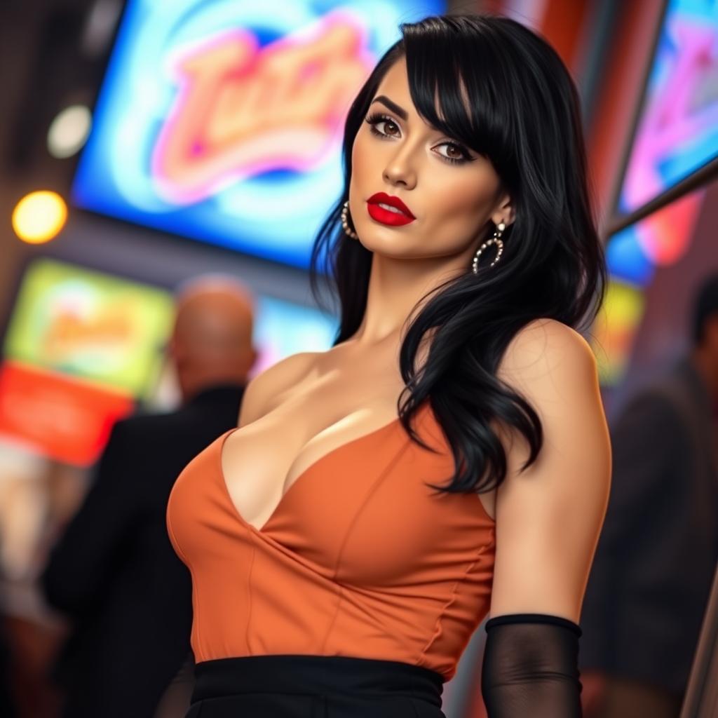 A beautiful white woman with striking black hair and bold red lips, wearing a short and plunging dress that accentuates her curves