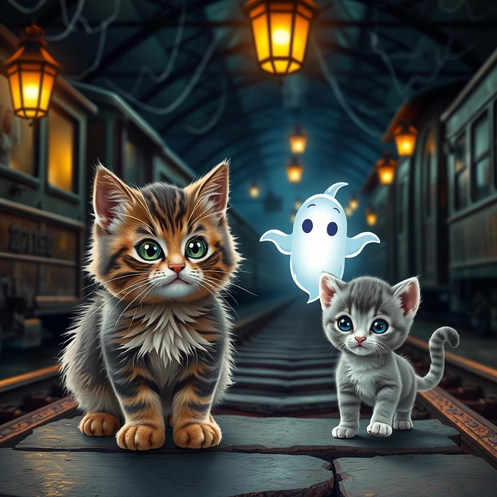 A cute cat and a playful kitten at a haunted train station, exploring the mysterious setting as they encounter a friendly ghost