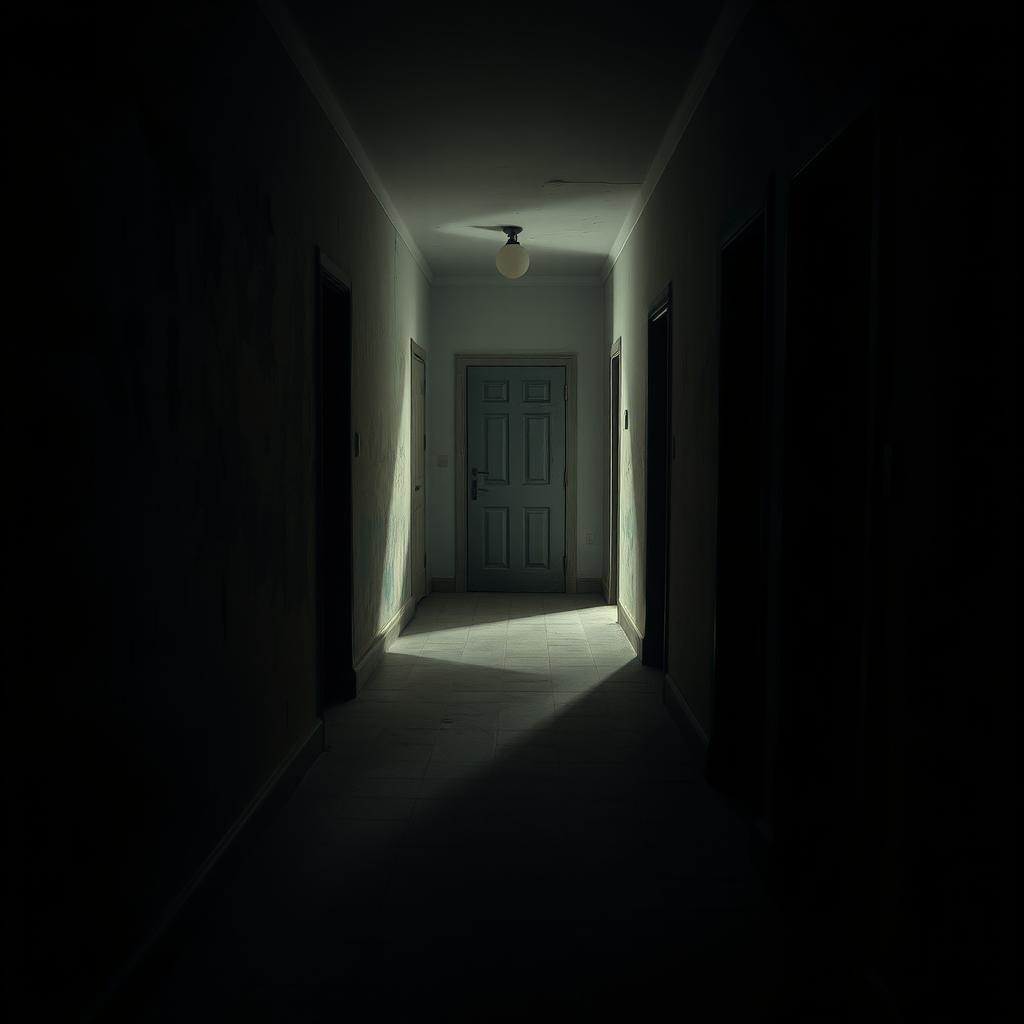 A dimly lit apartment hallway at night, featuring worn and peeling walls that suggest a long history
