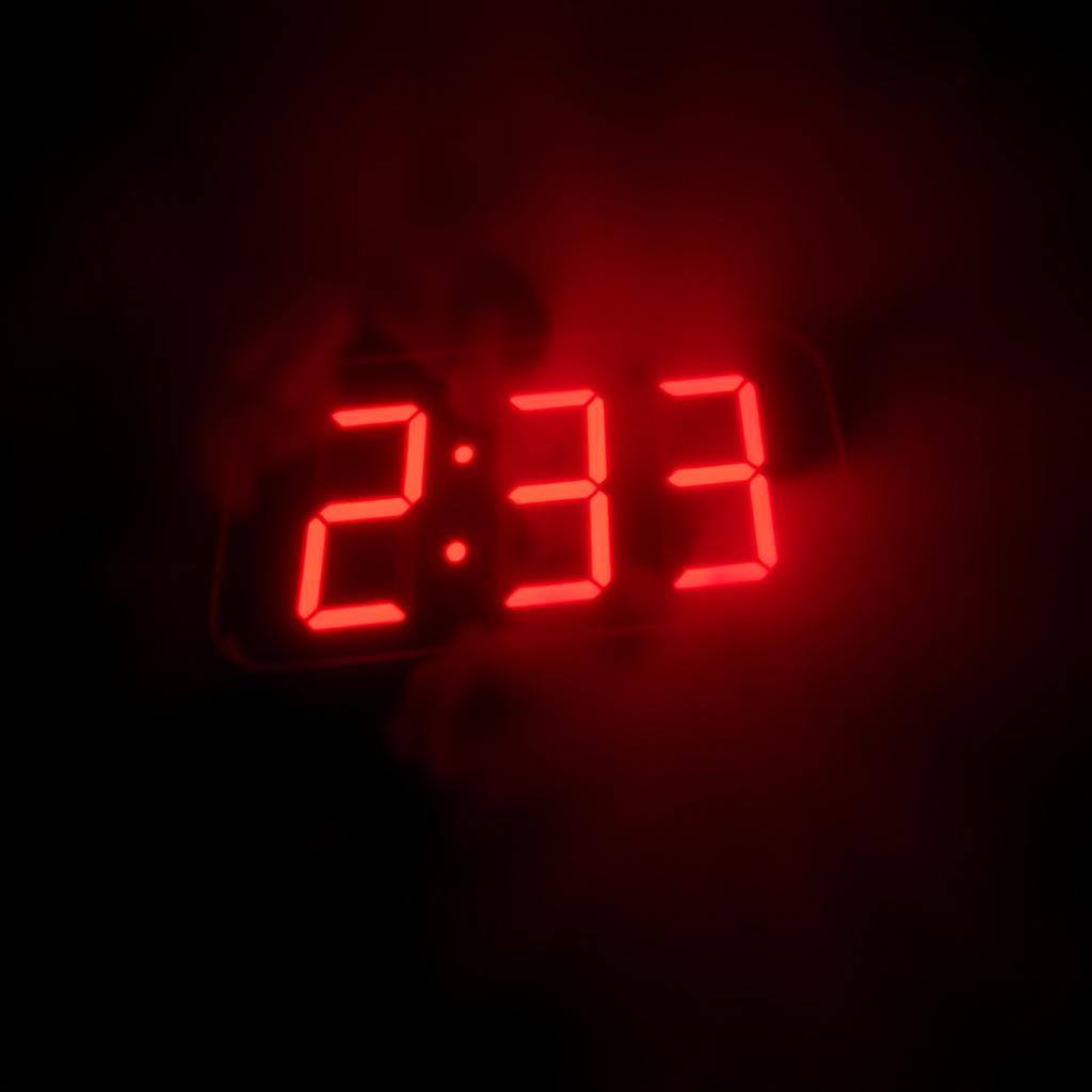 A close-up view of a digital clock displaying the time 2:33 AM in bright red glowing numbers
