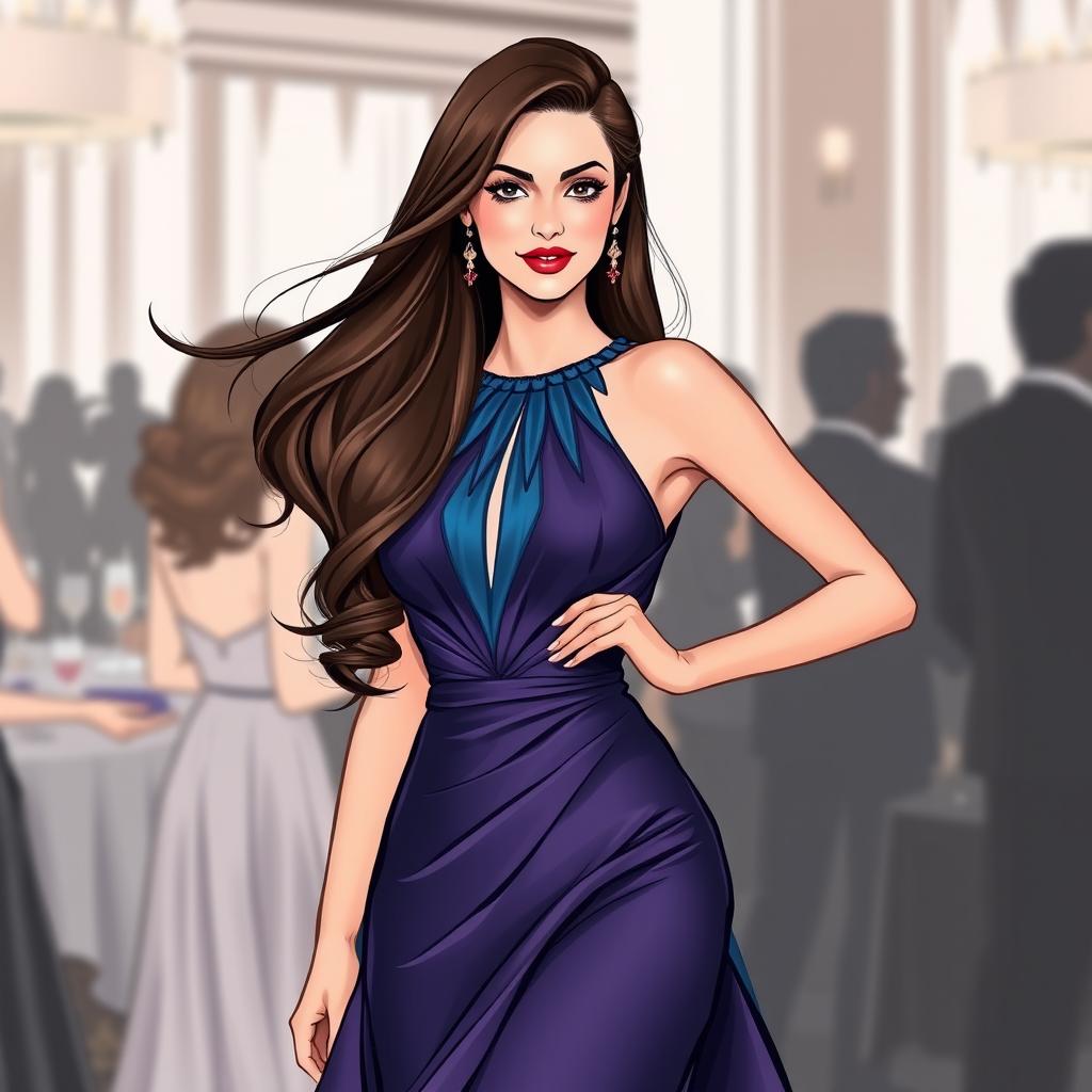 A fashion illustration featuring a beautiful model with long, flowing hair wearing a stunning evening gown with an elegant design