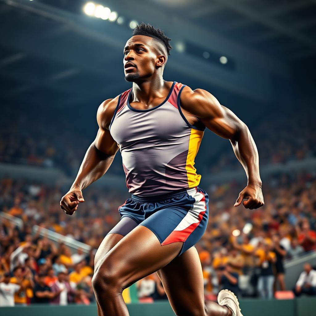 A dynamic and powerful portrait of an African American male athlete in action, showcasing strength and determination
