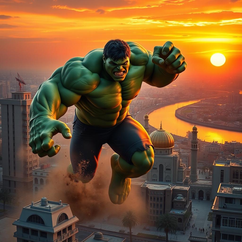 A dramatic scene featuring the Hulk towering over the cityscape of Baghdad, a blend of modern and traditional architecture set against a vibrant sunset sky