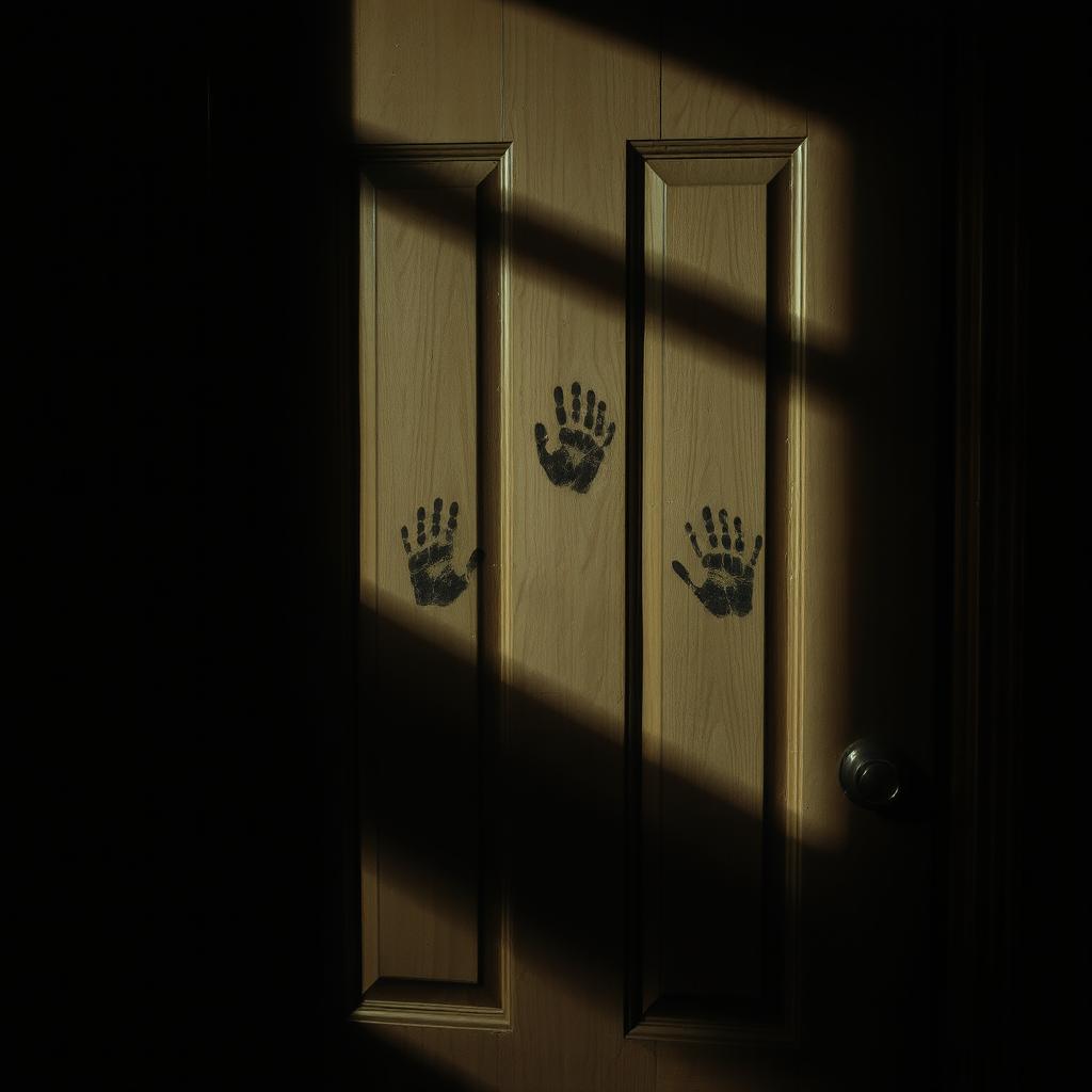 A wooden apartment door captured in low light, featuring three faint handprint marks or impact dents that suggest some mysterious interaction