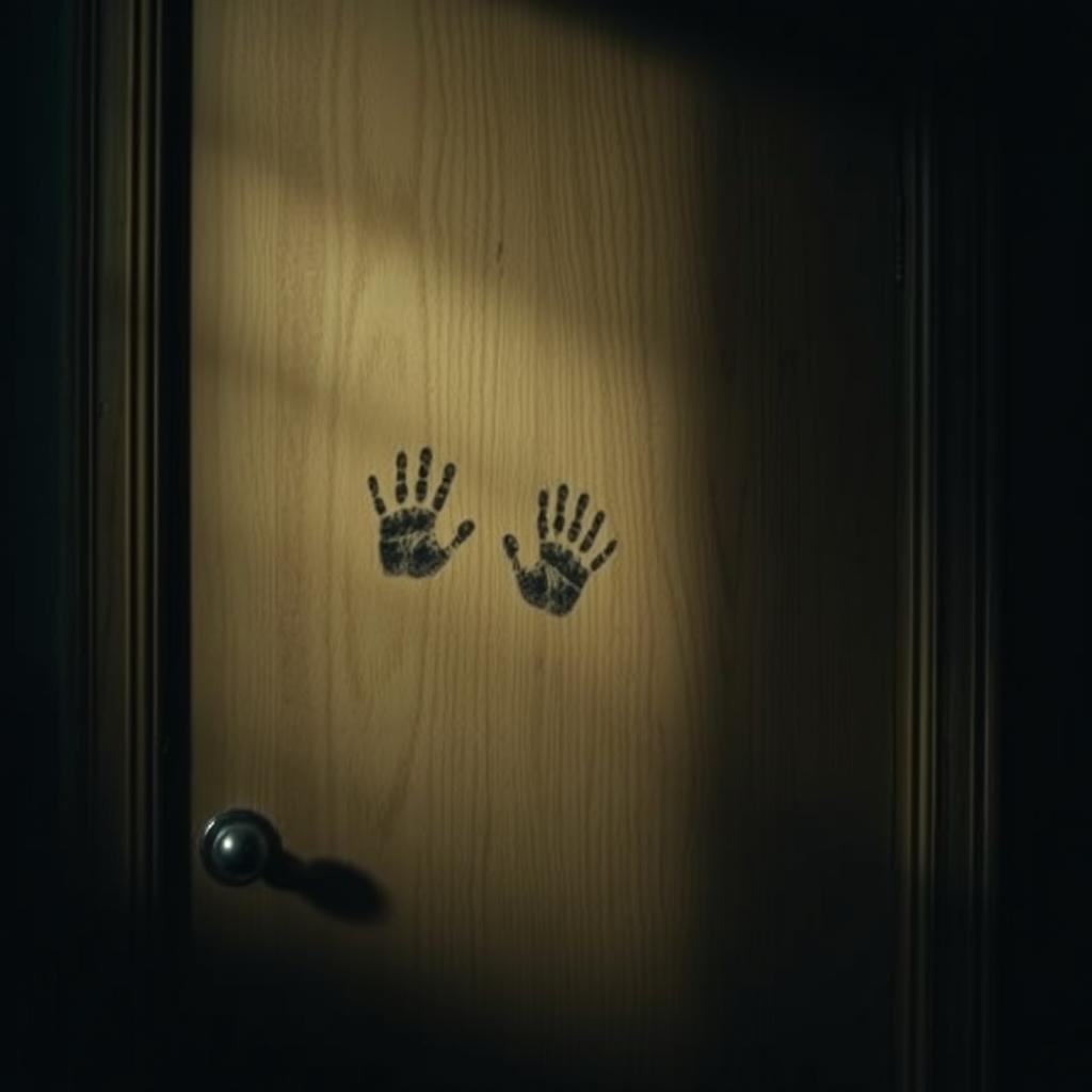 A wooden apartment door depicted in low light, showcasing three faint handprint marks or impact dents that add an air of mystery