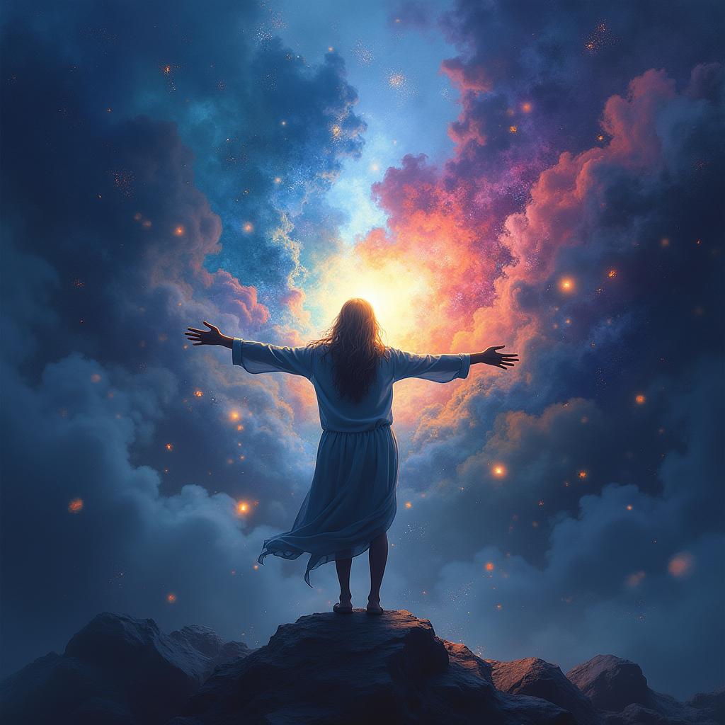 An inspiring and uplifting image of a person standing confidently amidst a swirling storm of vibrant colors and abstract shapes, symbolizing chaos and external challenges