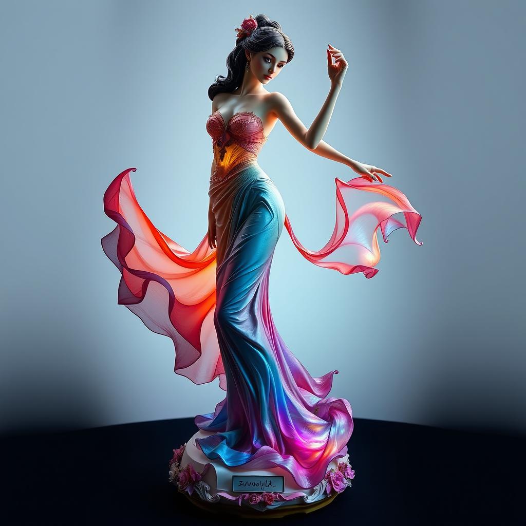 A stunning live figurine of a graceful woman posing elegantly, her figure crafted with intricate details showcasing flowing fabrics, delicate textures, and artistic poses