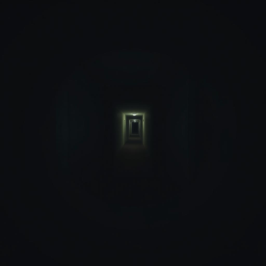 A first-person view through a peephole, revealing an empty, dimly lit corridor